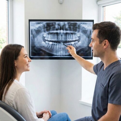 A dental professional pointing to a panoramic digital X-ray on a screen while explaining it to a patient.